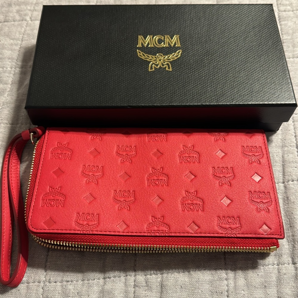 MCM Red Leather Monogram Wallet with Pouch NWT!